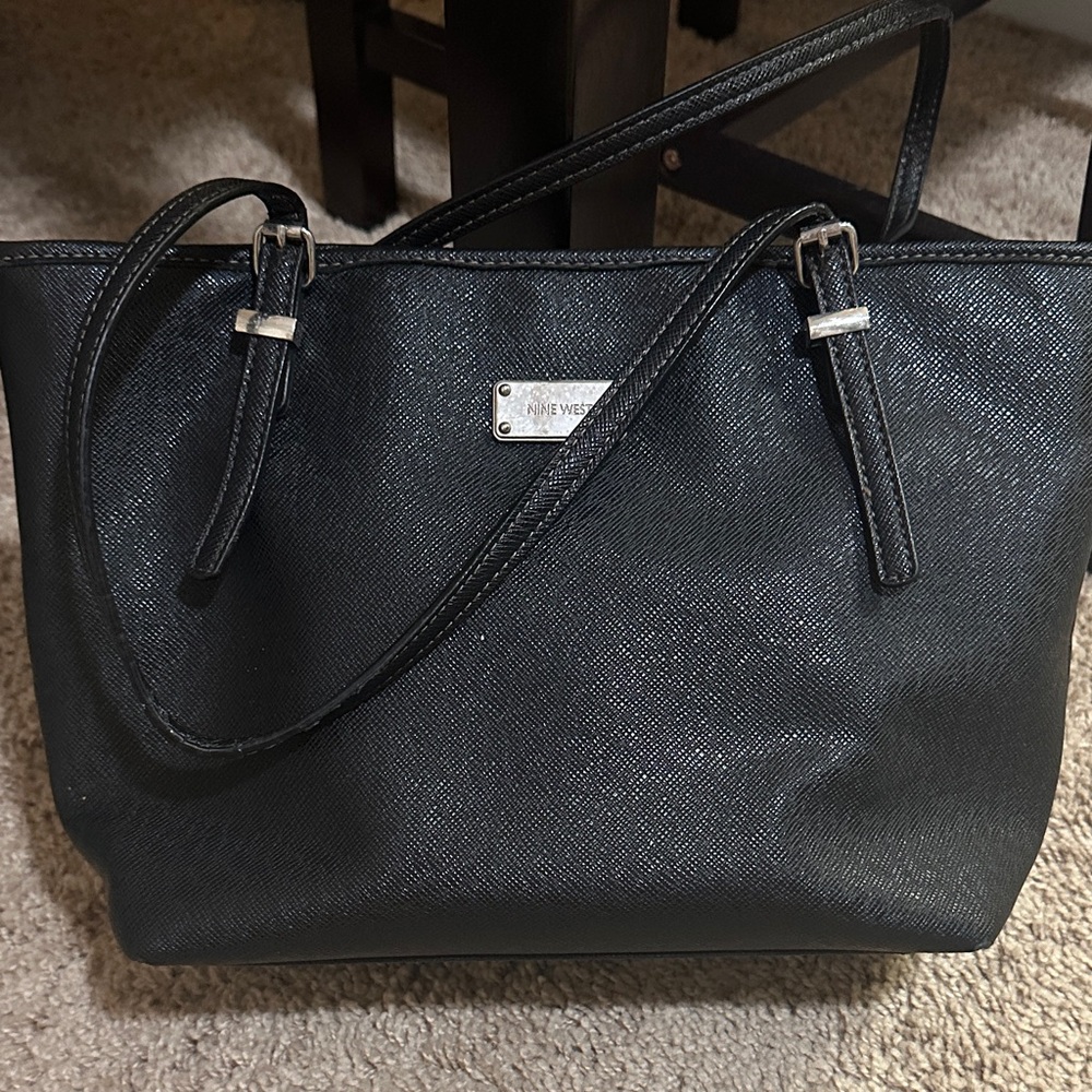 Nine West Black Textured Tote with Silver Hardware